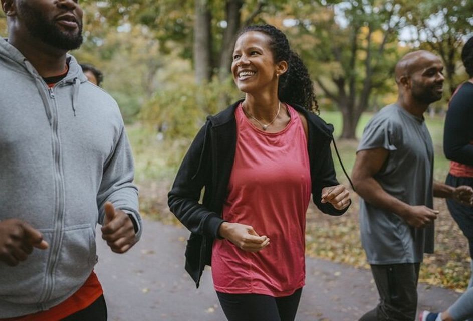 A group of friends going for a run in a park