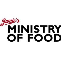 A logo with red curvy font reading "Jamie's" and bold black text underneath reading "Ministry of Food".