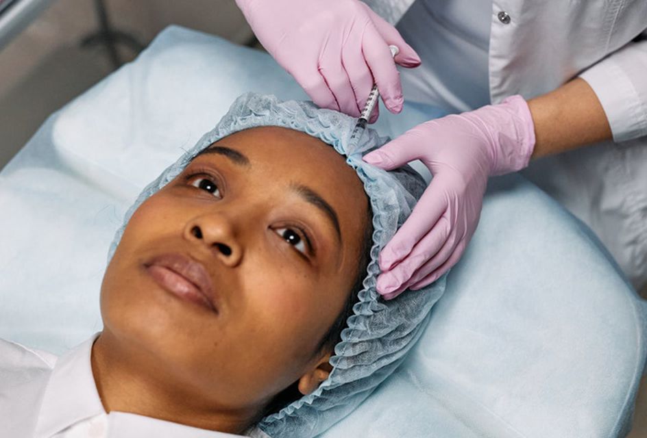 A medical practitioner with surgical gloves injects a syringe of botox into a young black woman's face.