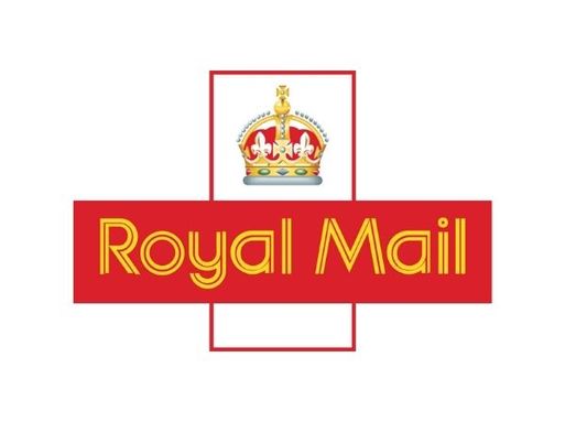 A logo showing a crown on top of gold text in a read box reading "Royal Mail"