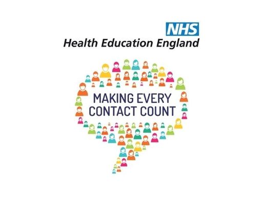 A logo showing text that reads "NHS Health Education England" on top of a speech bubble made out of icons of colourful people. Inside the bubble text reads "Making Every Contact Count".