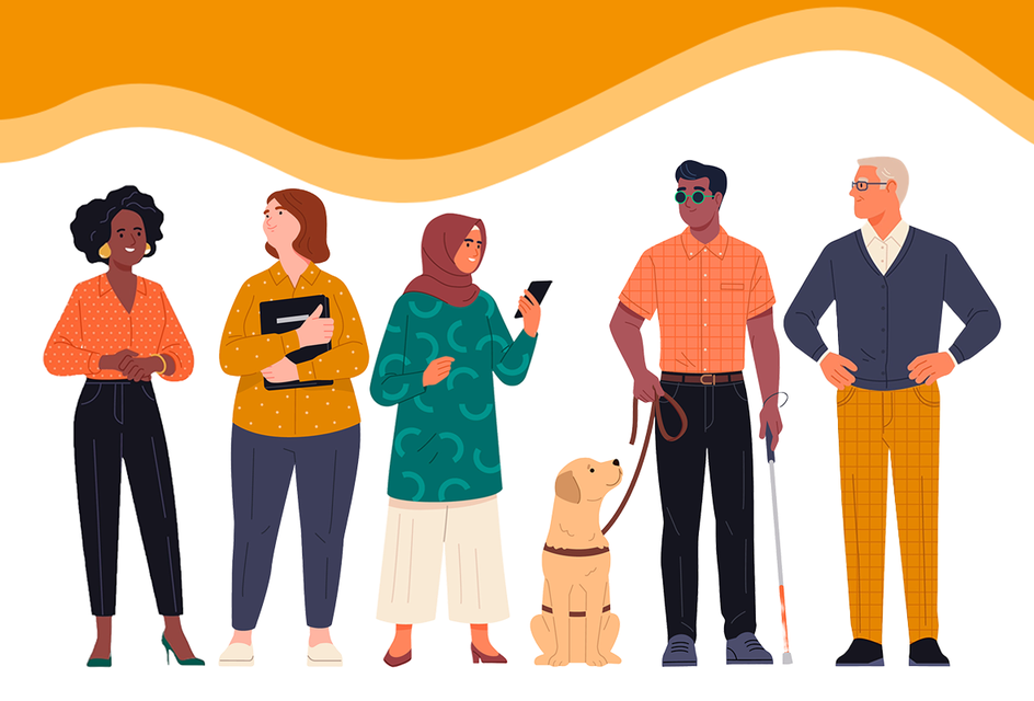 A cartoon drawing of a group of different people with an orange swirly banner on top.